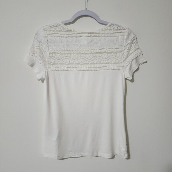 H&M Womens Yoke Lace Ruffle Top Ivory Jersey Short Sleeve Crew Neck Size S - Picture 4 of 11